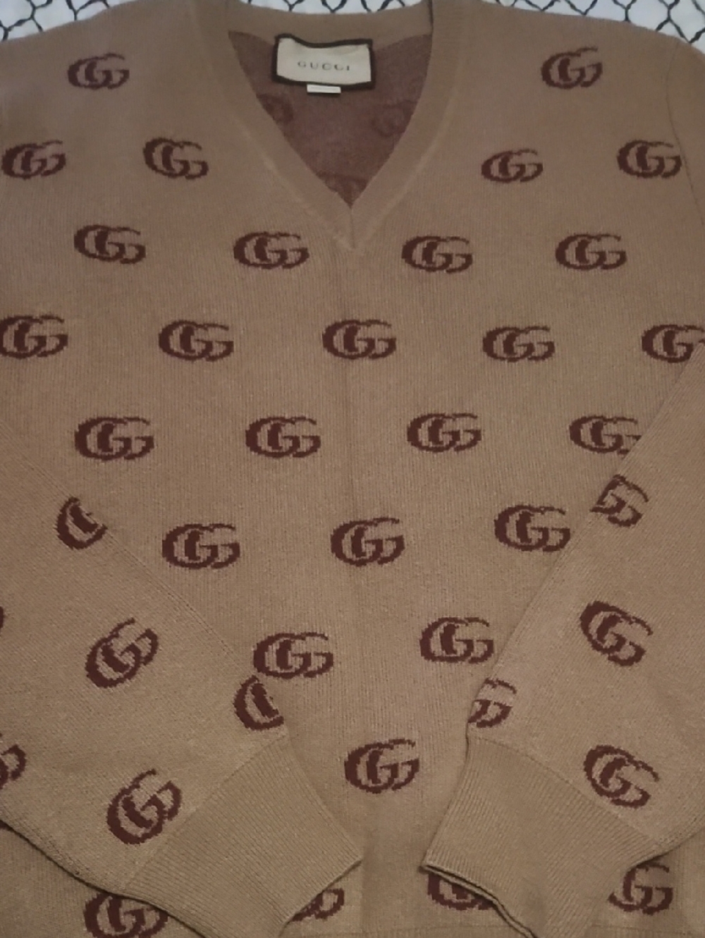 Gucci Beige and Brown V-Neck Sweater with GG Motif